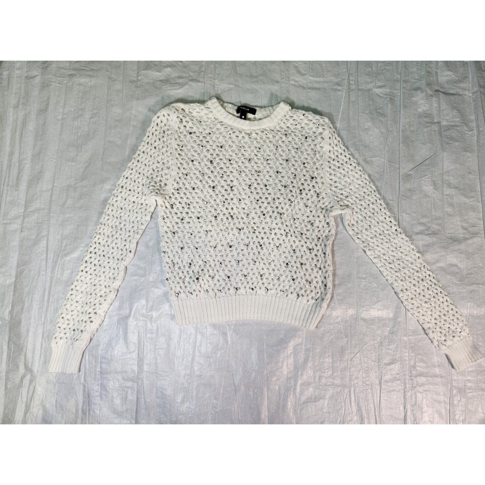 AQUA‎ Women's White Open Knit Sweater Glass Gems Crystals Bling Small Crochet